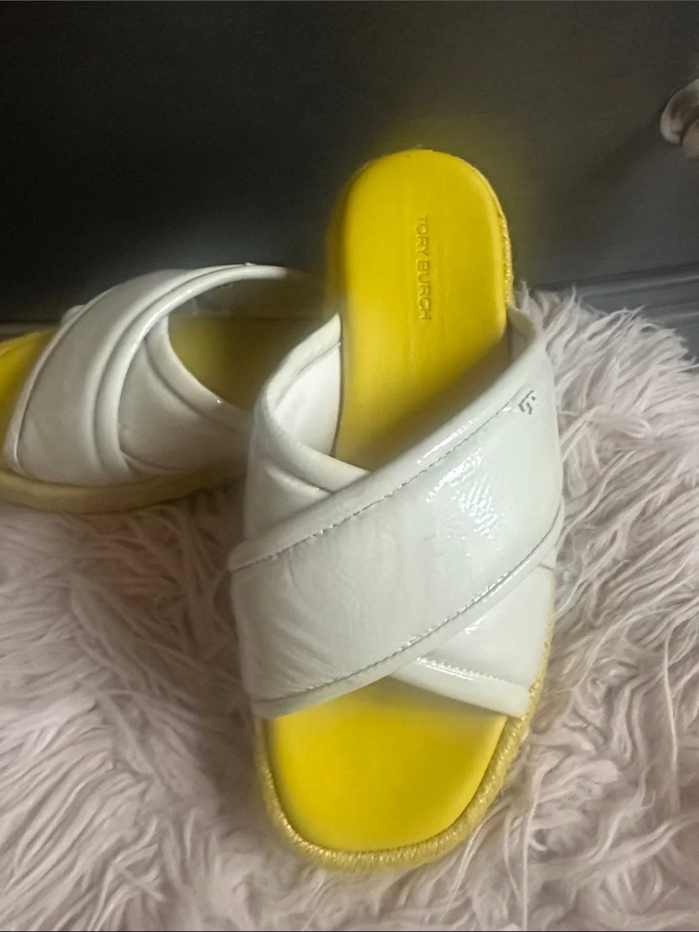Tory Burch White Patent Crisscross Slide Sandals with Yellow Footbed